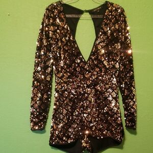 Women Small Elegant Black and Gold Sequin Bodysuit. Open Back Long V Neck